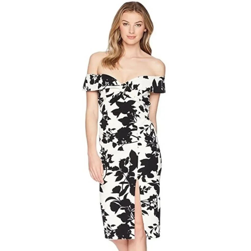 Bardot 'Botanica' Off-Shoulder Midi Dress - size XS/4 in Black/Ivory.